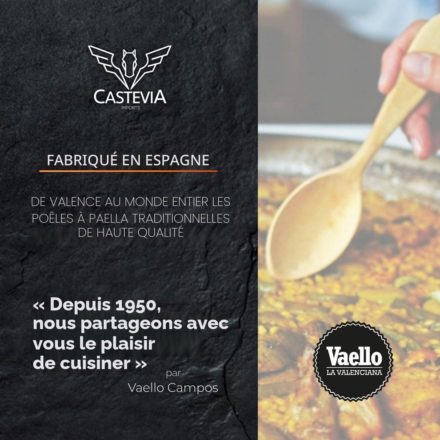 VAELLO - Plat à Paella en Métal Émaillé - Plat de Cuisson Résistant - Accessoire Cuisine Extérieure Facile à Nettoyer - Poêle à Paella à 2 Poignées, Ø 70 cm