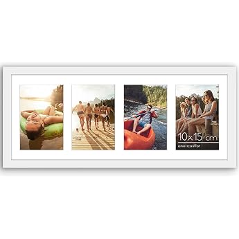 Americanflat Collage Picture Frame 10 x 15 cm White - Picture Frame 20 x 51 cm with Mount for Four 15 x 10 cm Photos - Photo Frame for Multiple Pictures of the Family - Composite Wood with