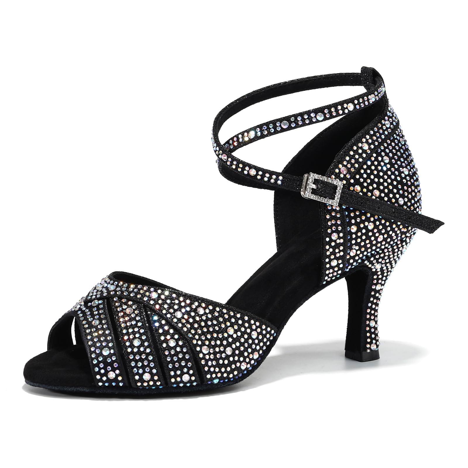 SWDZM Scarpe da Ballo Latino Donna Strass Salsa Bachata Prestazioni Professionale,Zwart,Hakhoogte 7cm,Suède zool,EU 38