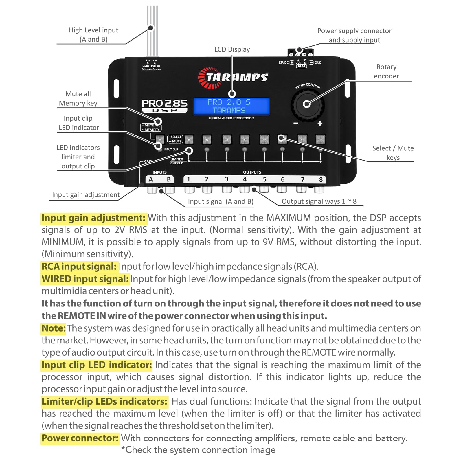 DSP Taramps Pro 2.8S Crossover Full Digital Signal Audio Processeur et égaliseur avec séquenceur Égalisation Graphique 15 Bandes 12 prédéfinis EQ 2 canaux d'entrée et Sortie 8 canaux