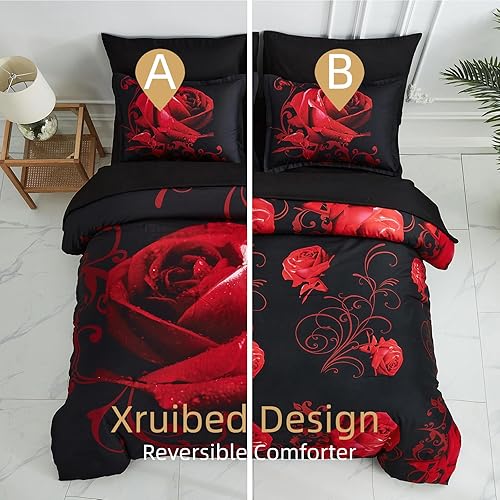 Miniatura 2 de Juego de edredón rojo tamaño King de 7 piezas en una bolsa, edredón de flores de rosas rojas con juego de sábanas, juego de ropa de cama reversible