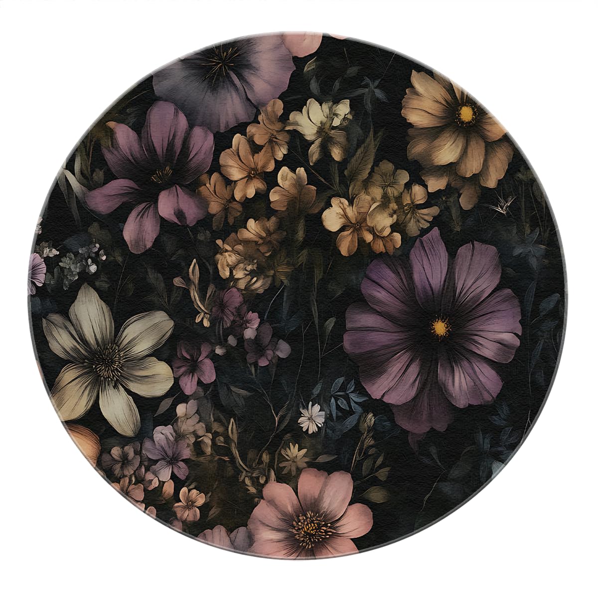 Tapis ronds vintage style Dark Academia floral et botanique antidérapant pour le salon 150cm
