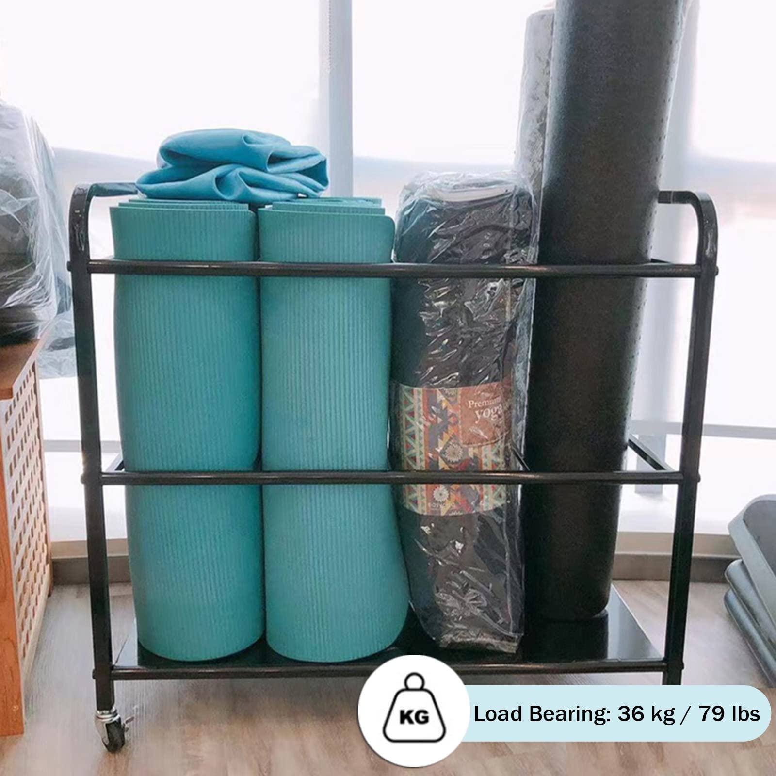 Heavy Duty Yoga Mat Cart z kółkami, zamykany stojak na sprzęt do pilatesu, uchwyt na piankę i organizer na podkładki do ćwiczeń, do domu, na siłownię lub studio Space Saving Solution