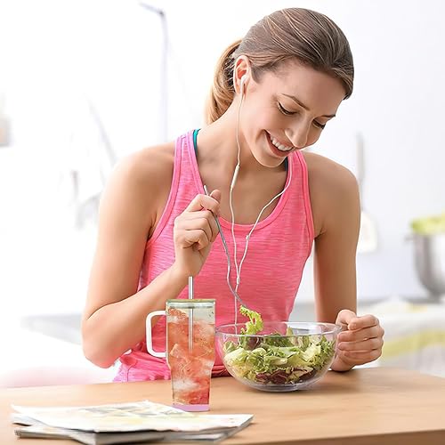 Miniatura 6 de Vaso de vidrio de 32 onzas con popote y tapa de bambú, taza de agua de vidrio de gran capacidad con asa, taza de café helado reutilizable con