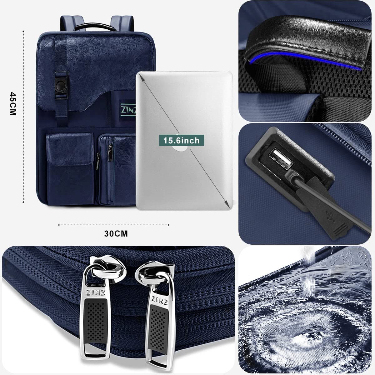 ZINZ Schlanker & Erweiterbarer Laptop Rucksack 15,6 Zoll Business Rucksack, Anti Diebstahl Reisen Rucksack für Wasserdichte Notebook Tagesrucksack Schulrucksack Herren Damen,Blau
