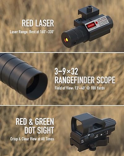 Miniatura 12 de PINTY Rifle Optical Scope & Red Dot Combo with Red/Green Laser, Illuminated Reticle for 20mm Picatinny Rail 3-9x32 Negro -,Láser verde