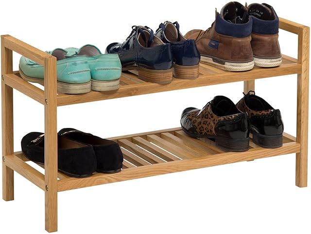 Hallowood Furniture Waverly Oak 2 Tier Shoe Rack in Light Oak Finish - Solid Wood Shoe Storage Rack for Hallway - Modern Space Saving Shoe Storage for Living Room - Shoe Organizer for 6 Pairs of Shoes