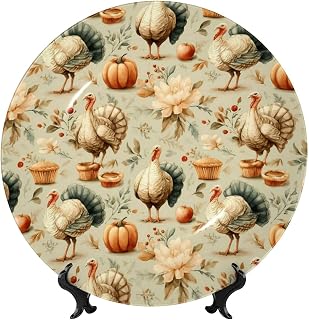 Mosytuky Porcelain Decorative Plate Of 8in For Kitchen Dining Room Wine Cabinet Home Decor Art Decoration With Display Stand,Turkey And Thanksgiving (1)