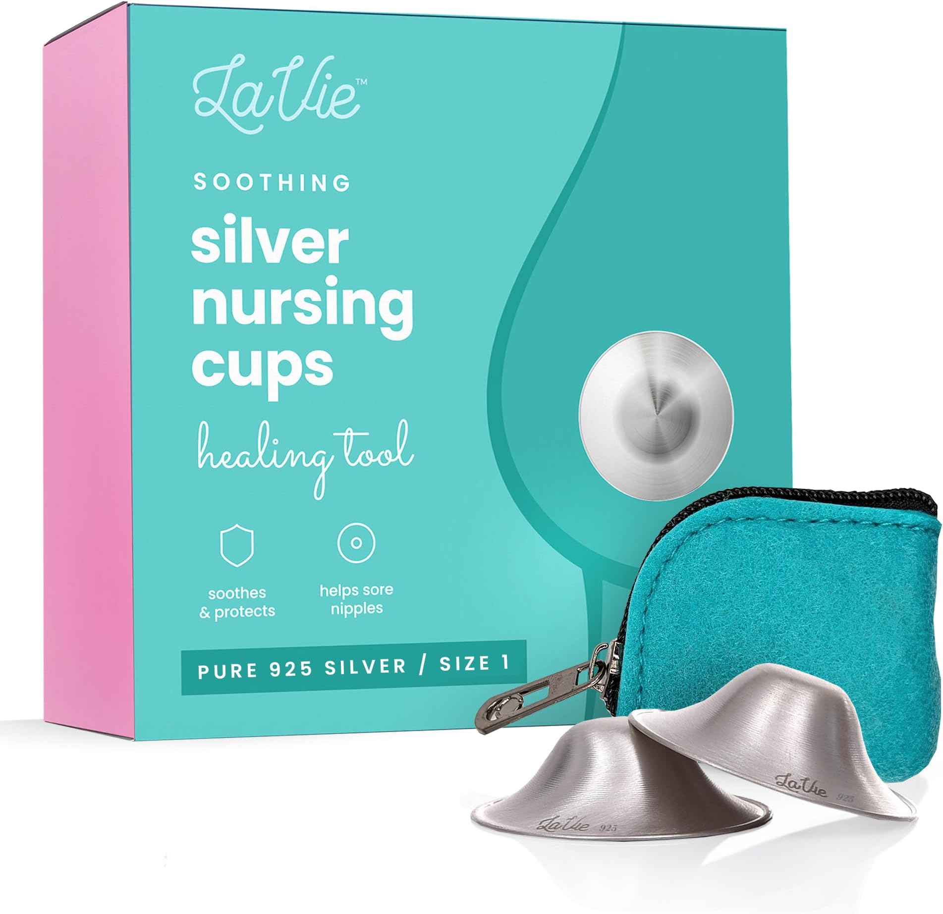 LaVie Silver Nursing Cups, Soothing Protection for Nursing Nipples of Newborns, Calming Relief for Breastfeeding Moms, 925 Silver Nipple Covers All Natural (Size 1)