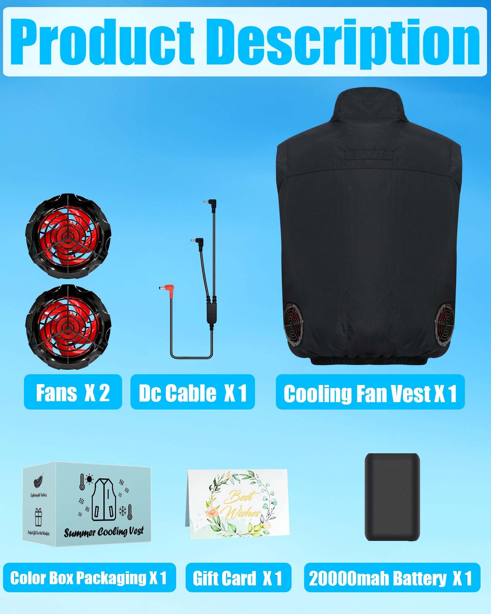 Chaleco de refrigeración con 2 ventiladores y batería de 20.000 mAh, chaqueta climatizada de 21 V para hombres y mujeres, ligera para trabajo al aire libre, pesca, ciclismo, Negro , L
