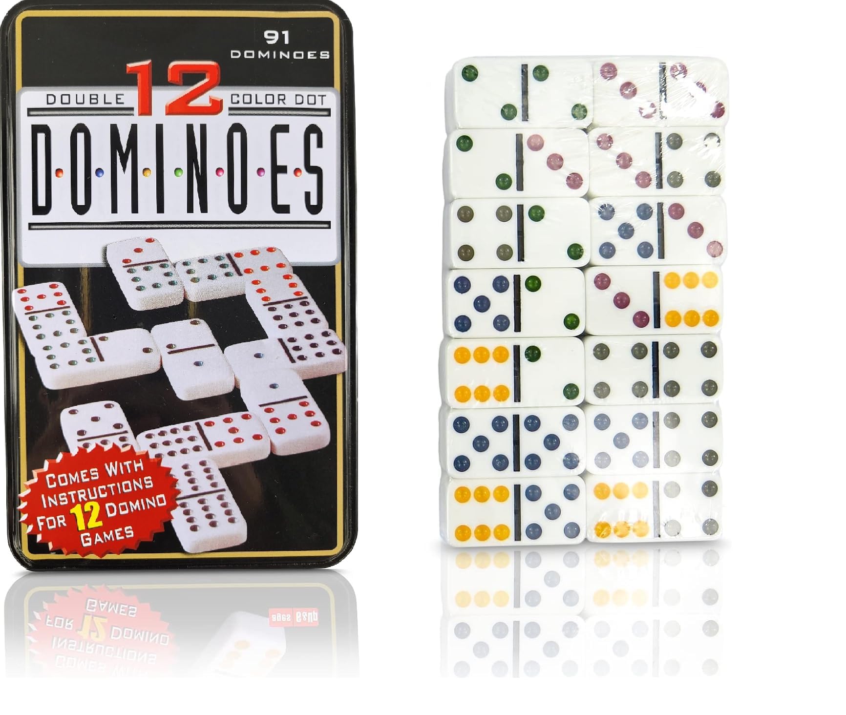 Image secondaire de Domino Couleur Double 12 en Boîte en métal 91 Pièce avec Colorés à pois