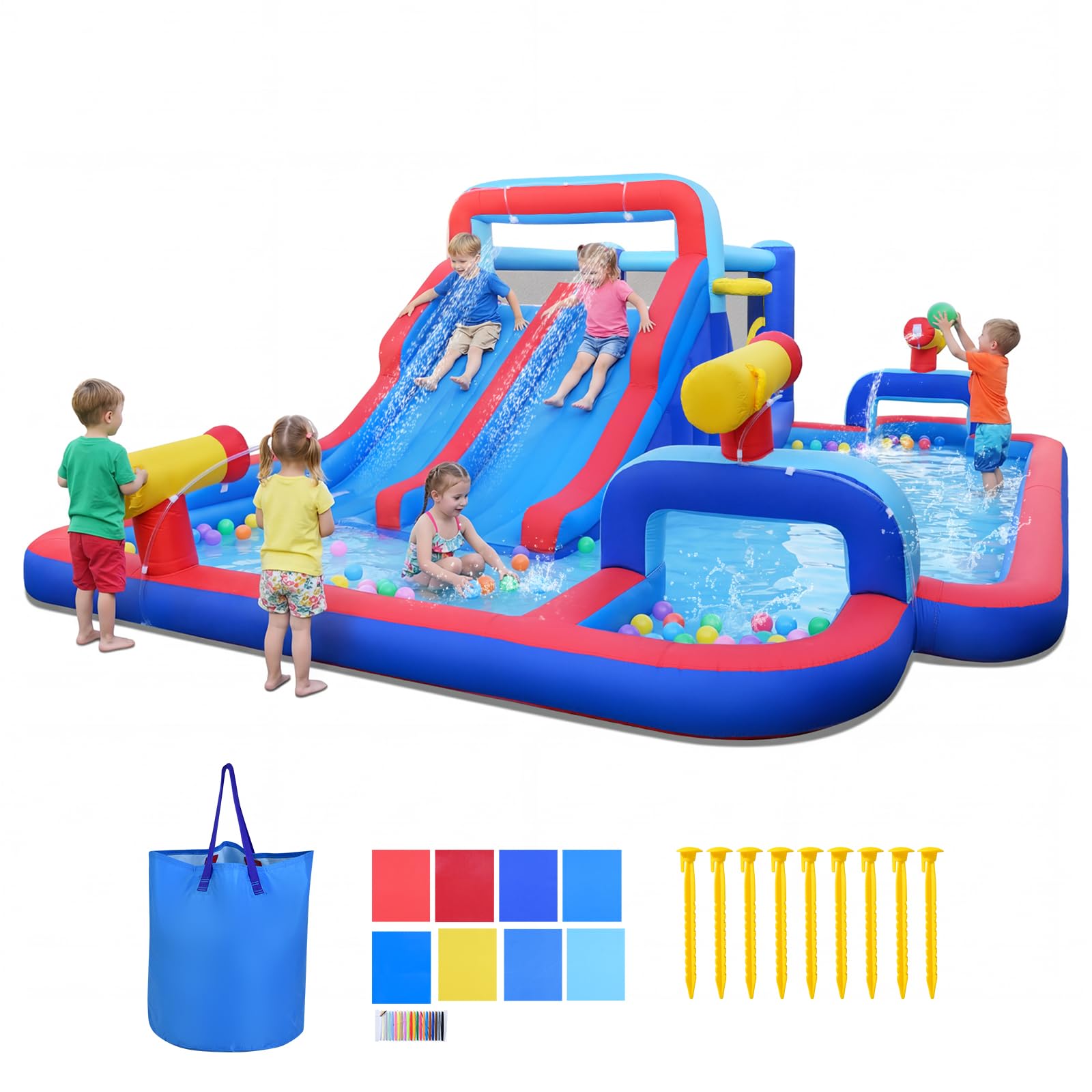 GOPLUS Castillo Hinchable, Castillo Inflable 2 en 1 con Pared de Escalada, Cañones, Piscina de Chapoteo y Tobogán Acuático, Casa de Saltos Infantil para Interior y Exterior, Soplador No Incluido
