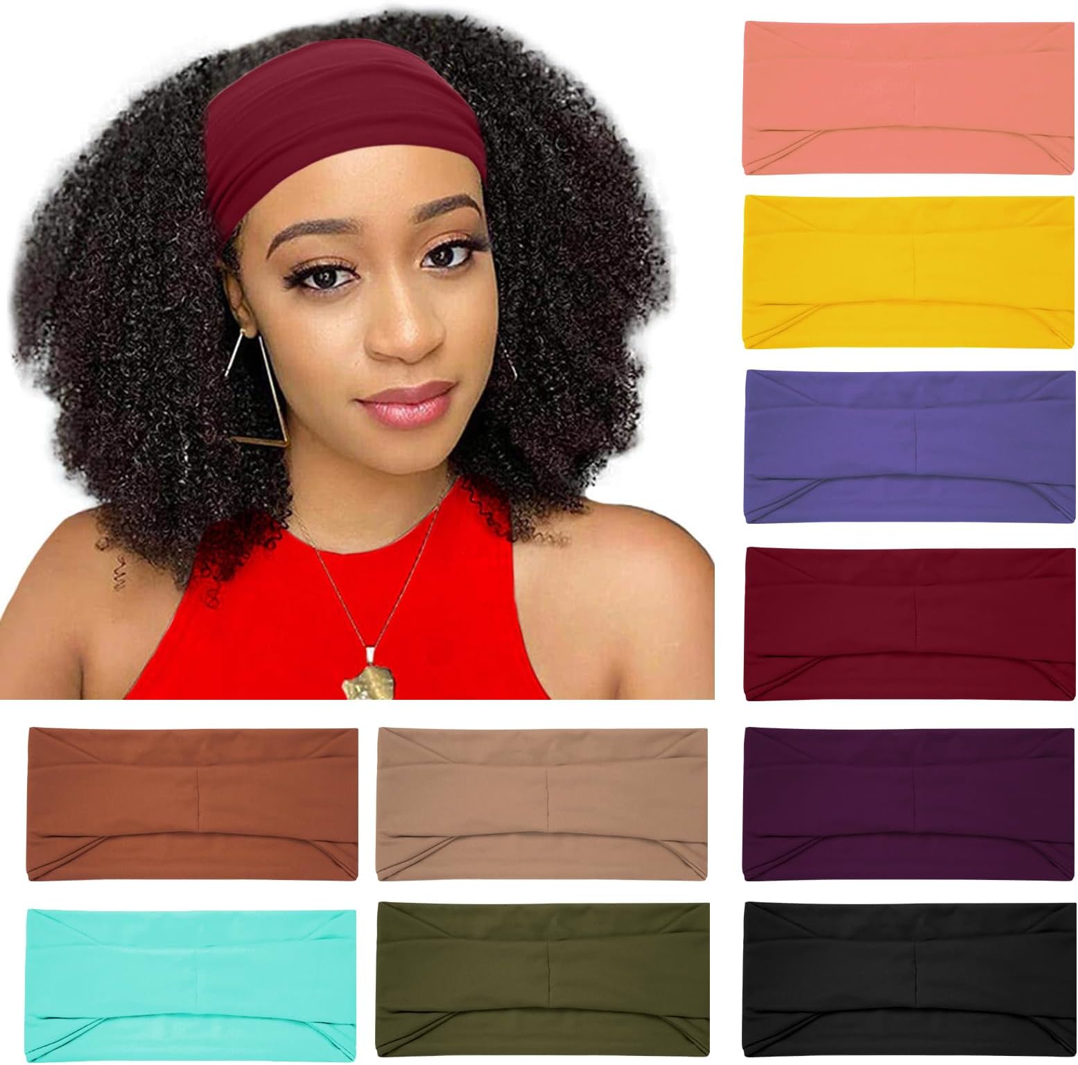 10 Pack Wide Headbands for Women Girls, Workout Yoga Running Womens Headbands Boho Hair Bands for Women's Hair, Non Slip Sweat Head Bands Thick Head Wrap Hair Wrap(solid headbands)