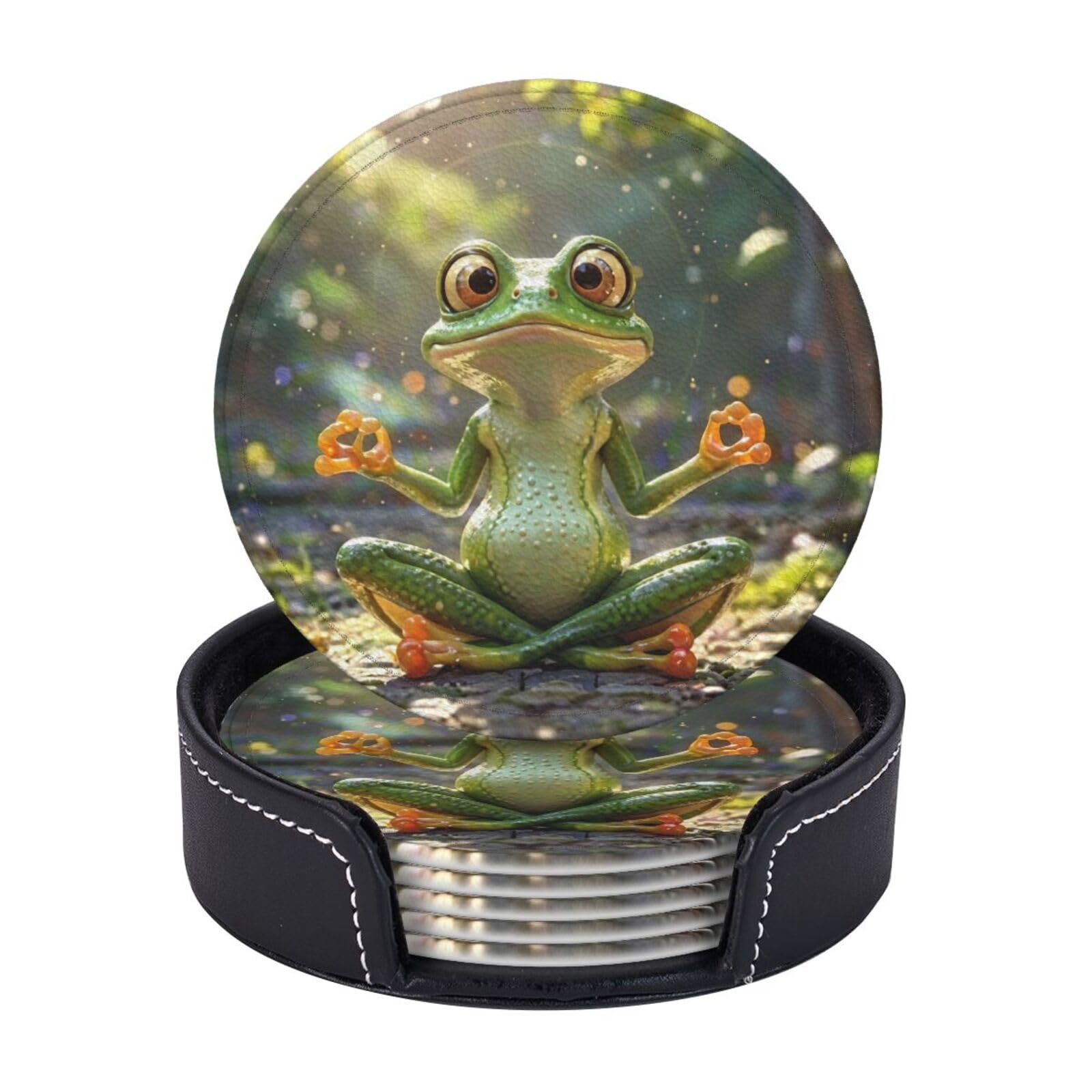 Drink Coasters 6 PCS Round Leather Coaster Cute Funny Frog Doing Yoga Coasters for Drinks Non-Slip Mugs Pads with Holder Personalized Cups Pad Mat for Coffee Table Kitchen 10 CM