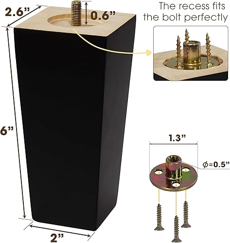 Miniatura 2 de CODIN (5 tamaños 3-4-5-6-8 pulgadas) Juego de 4 patas de madera para muebles, patas cuadradas para sofá, patas de sofá, patas de sofá - Patas de