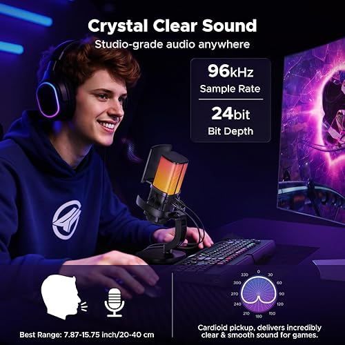 Miniatura 2 de UGREEN Micrófono USB para juegos para transmisión y chat de voz, micrófono de condensador de 24 bits/96 kHz con silencio rápido, monitoreo de