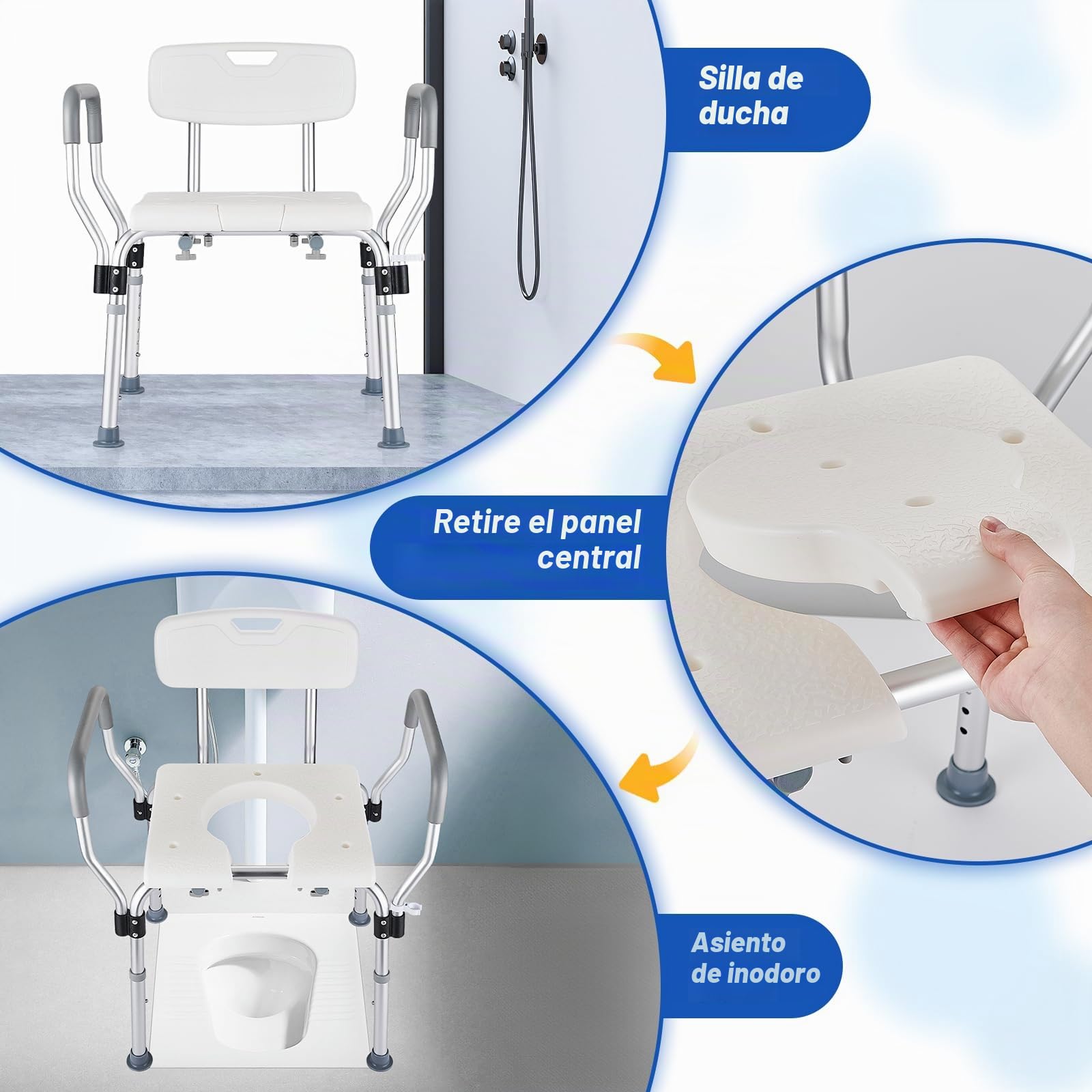 Silla de Ducha para Mayores, Asiento Extraíble en Forma de U para Taburetes de Ducha y Baño con Respaldo y Brazos, Ajustable de 6 Niveles de Ducha Regulable para Ancianos y Discapacitados