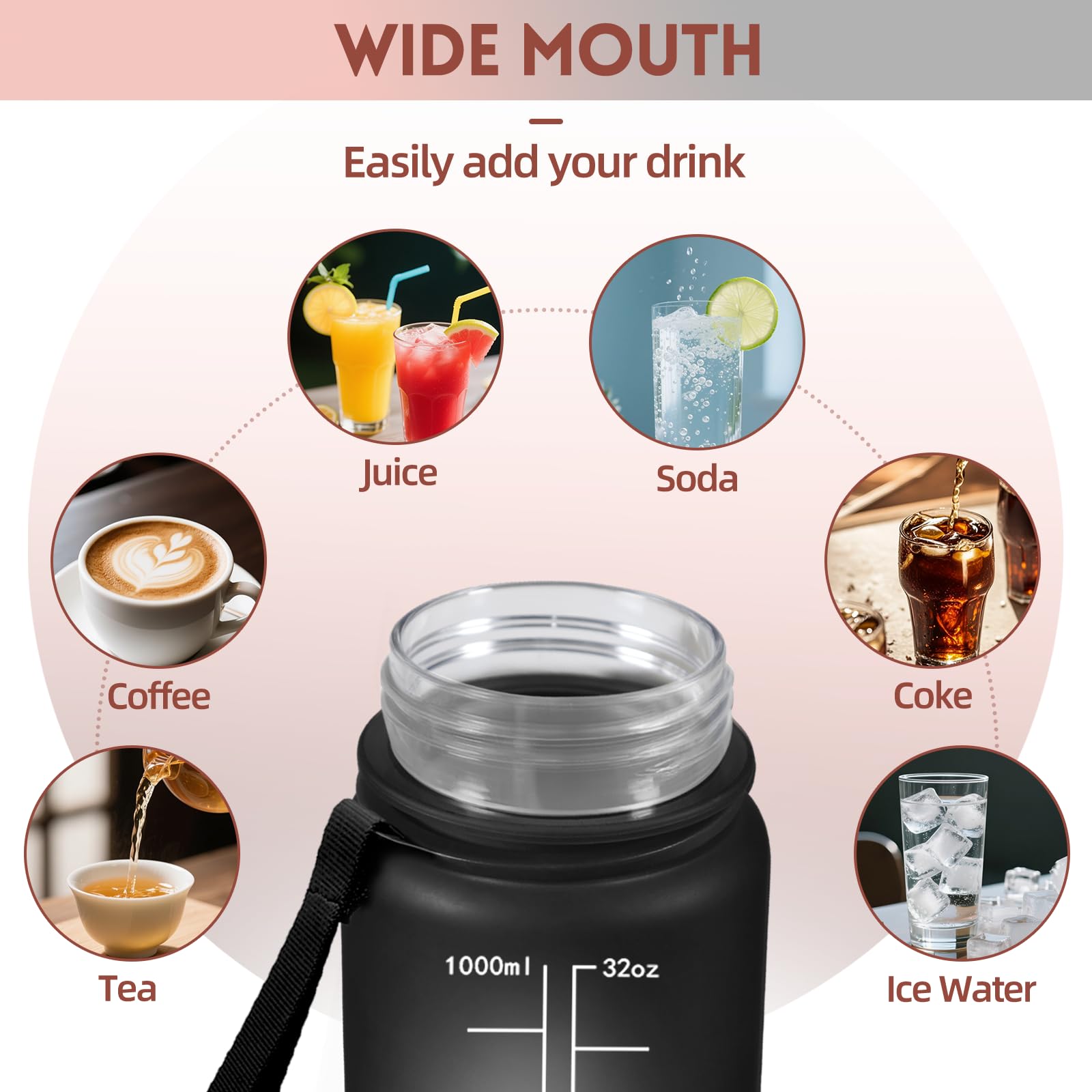 Baramumu Borraccia 1 litro, con Cannuccia, Borraccia Palestra, a Prova di Perdite, Bottiglia acqua, Facile da Aprire, Borracce, per Palestra, Trekking, Fitness, Yoga, Ufficio, Nero-Rosso