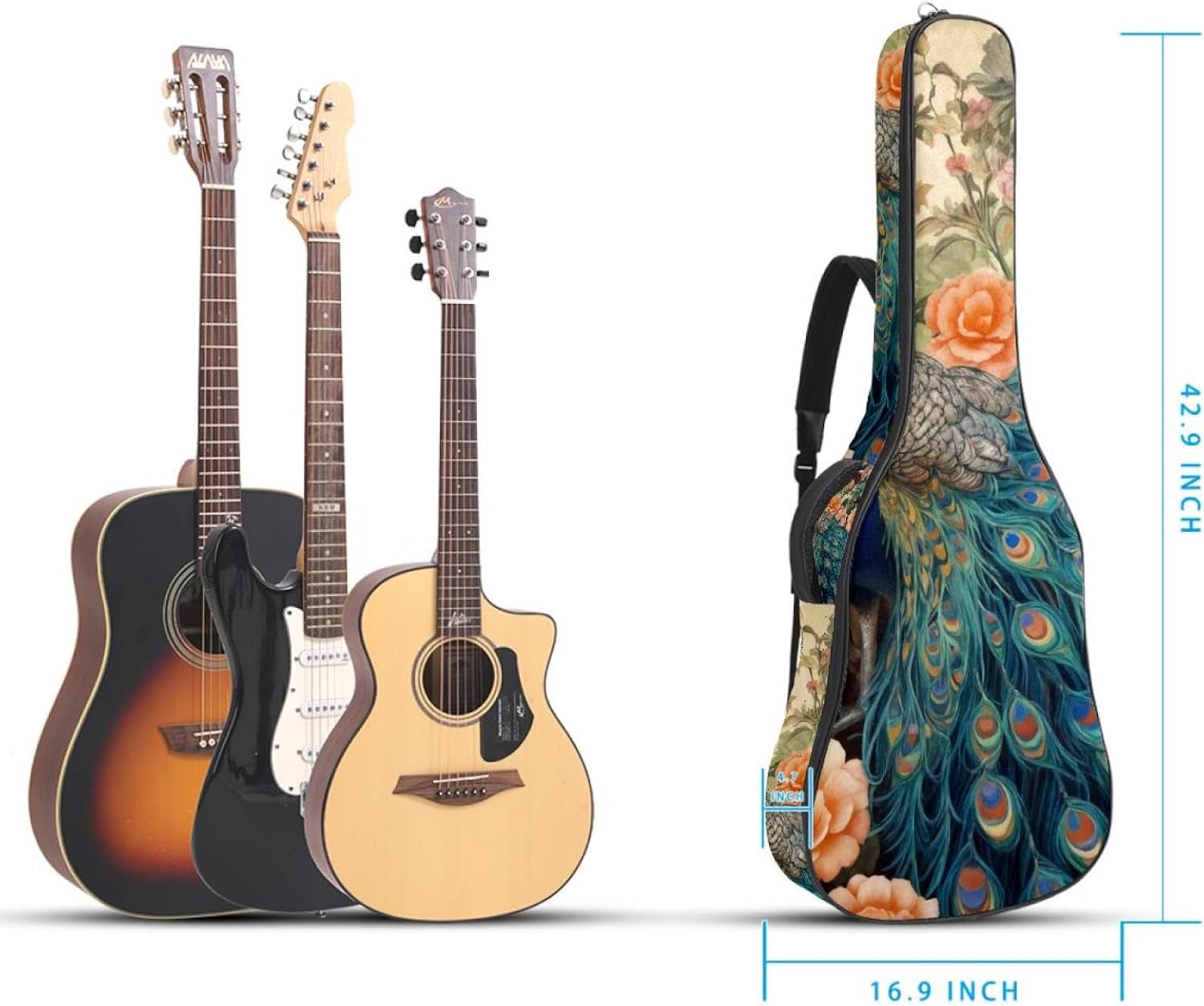 Acoustic Guitar Bag 0.4 Inch Thick Padding Waterproof Guitar Case Gig Bag for 40 41 42 Inch Electric Bass Classical Guitar, Art Retro Peacock Flower Floral