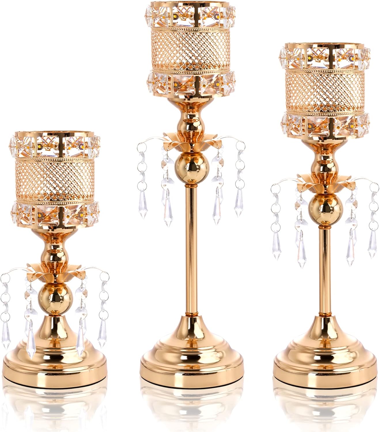 Frcctre Set of 3 Gold Crystal Candle Holders, Crystal