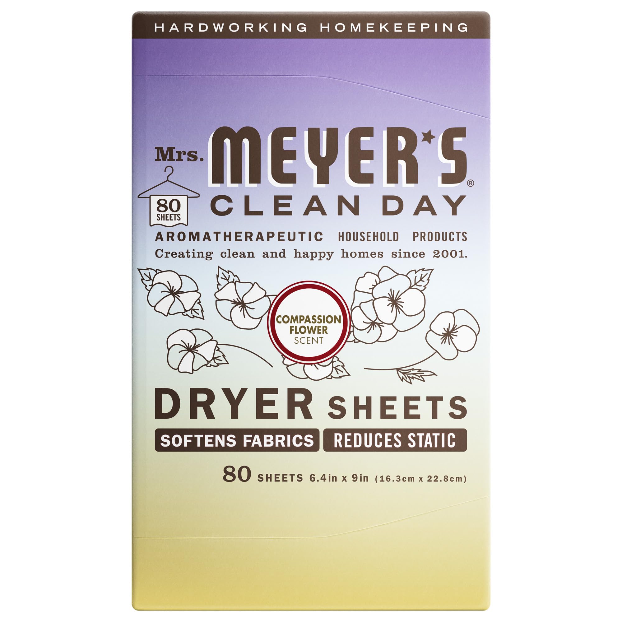CLEAN DAY Dryer Sheets, Fabric Softener, Reduces Static, Infused with Essential Oils, Compassion Flower, 80 Count