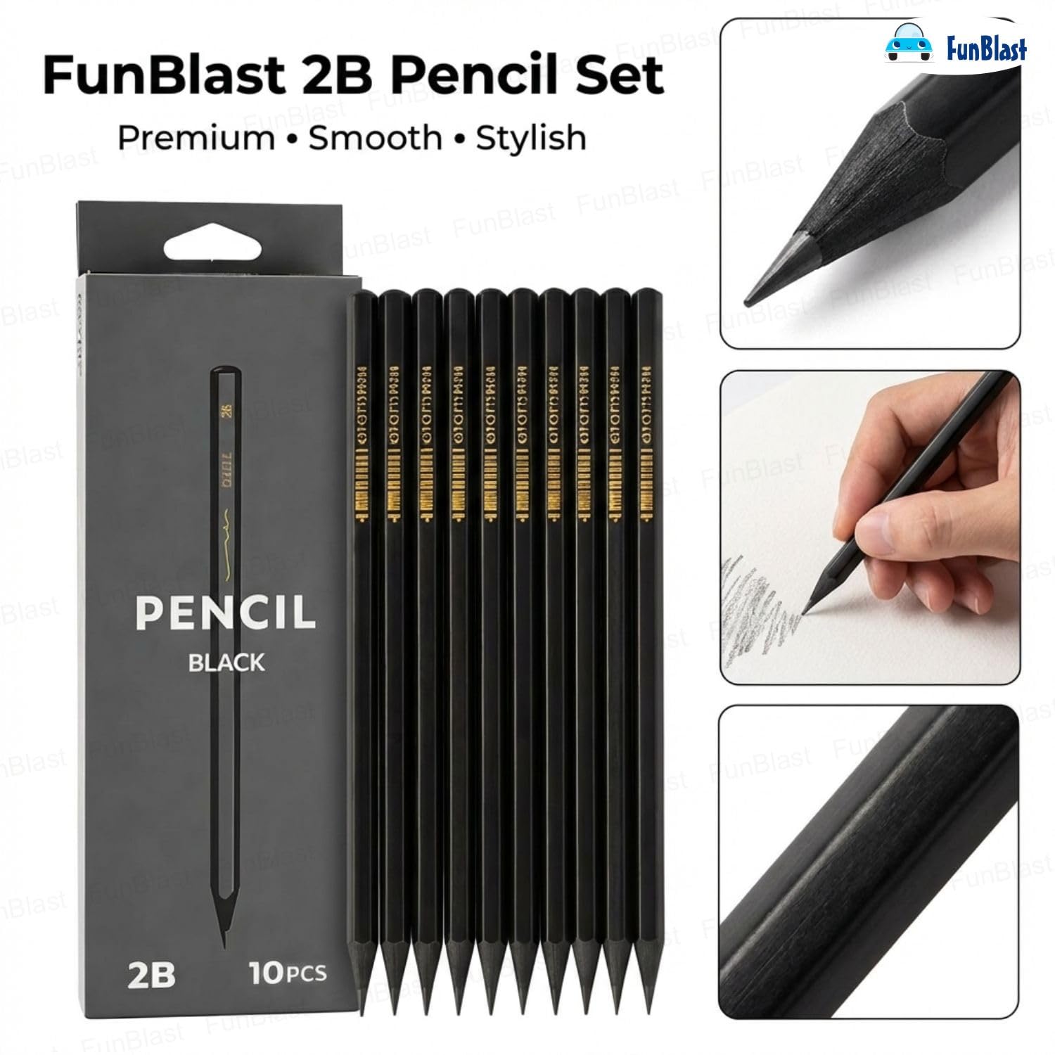 FunBlast 2B Pencils - Black Wood Art Set -4