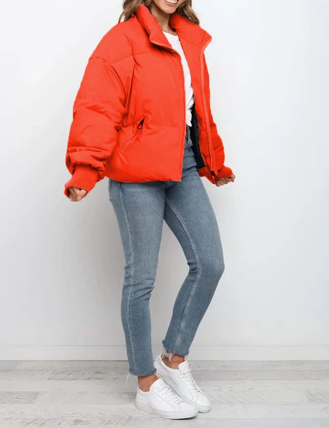 InterNos Women's Winter Stand Collar Zip Puffer Jacket Baggy Short Padded Down Coats - Image 2