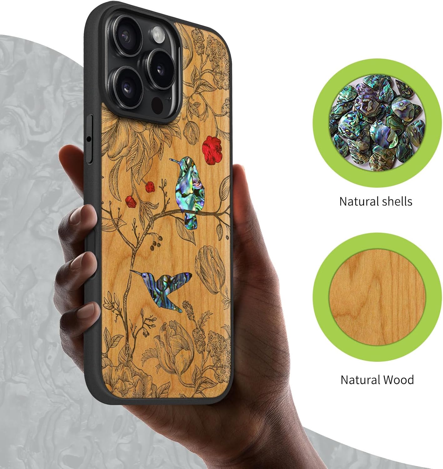 Carveit Magnetic Case for iPhone 16 Pro Max Case, Wood Artisan Engraved & Handmade Shell Inlaid, TPU Shockproof Cover, Compatible with MagSafe Wireless Chargers (A Dance of Flora and Avian) Cherry