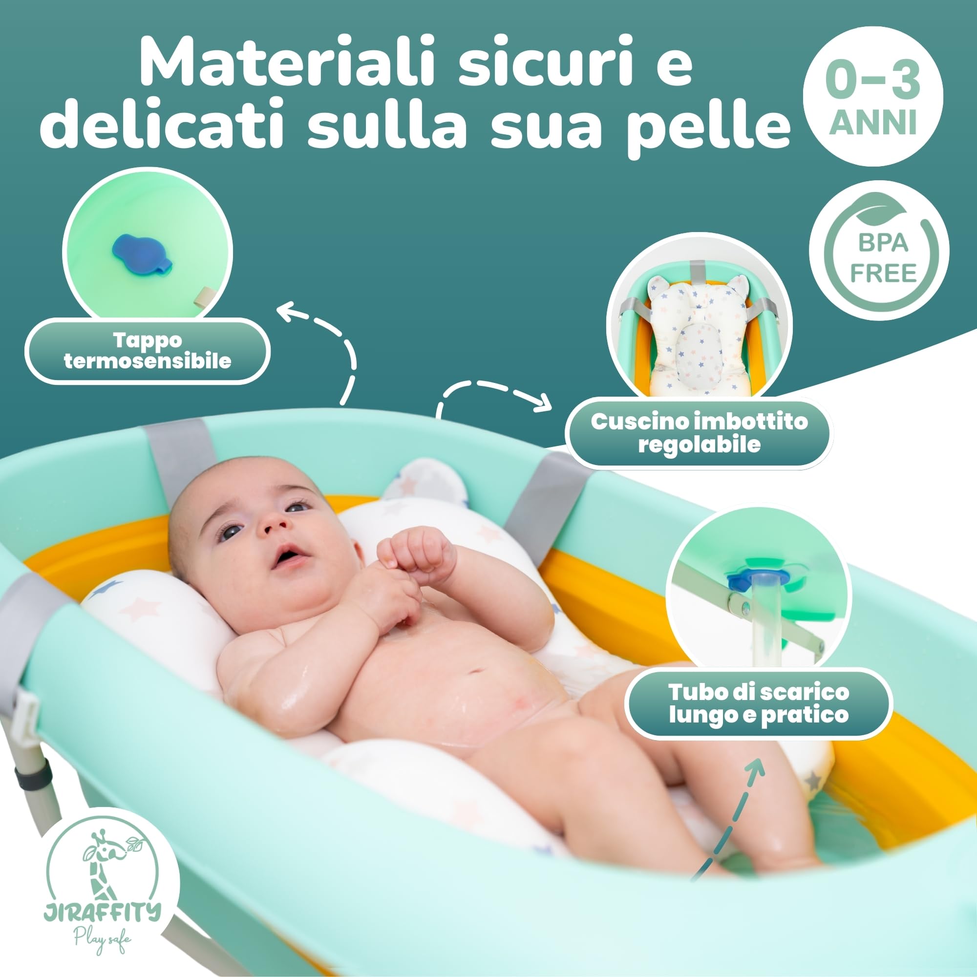 Vaschetta bagnetto neonato pieghevole con supporto – vasca pieghevole per neonati 0–3 anni con cuscino ergonomico, tappo termosensibile e accessori – facile da trasportare e riporre