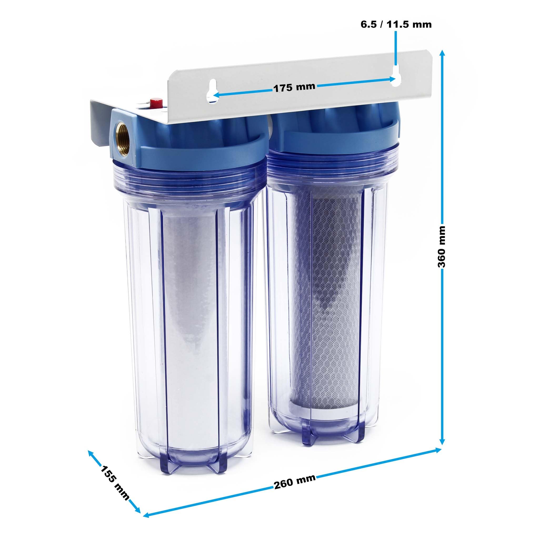 Naturewater NW-PR102 2 Stufen Wasserfilter Doppelfilter, 5 µ, 26,16 mm (3/4"), Ø62 mm PP Kartusche, Filter Wandhalterung, Filterschlüssel, Sedimentfilter Aktivkohleblock