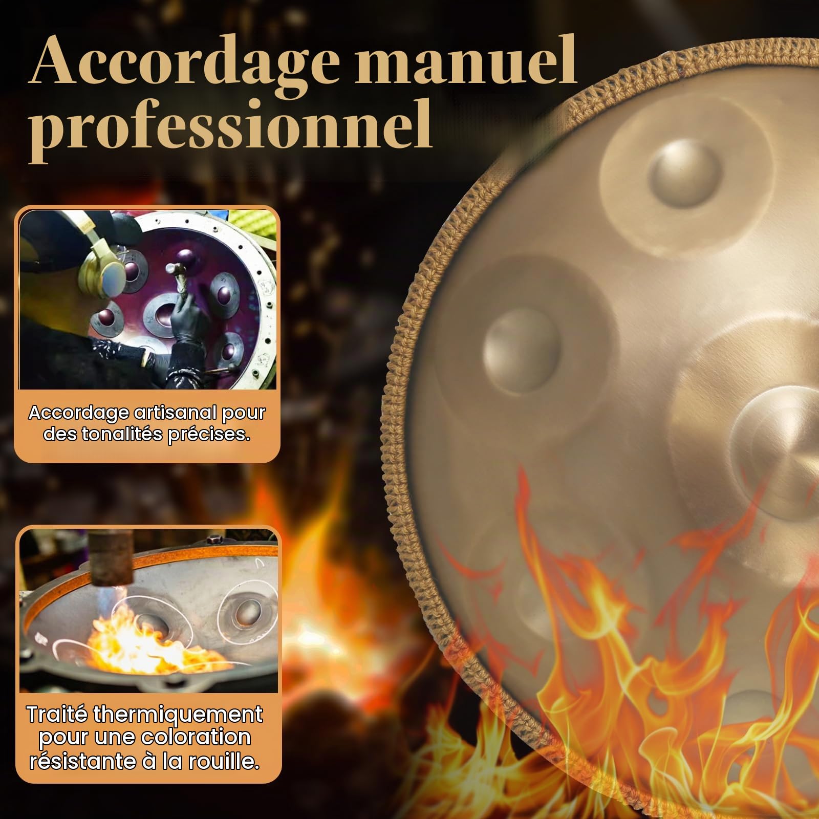 Zannefoo Handpan Drum, Or Steel Hand Pan Tongue Drum D Minor 22 Pouces 10 Tons 432 Hz pour Yoga, Méditation avec Sac à dos, Maillets, Support de Batterie, Chiffon