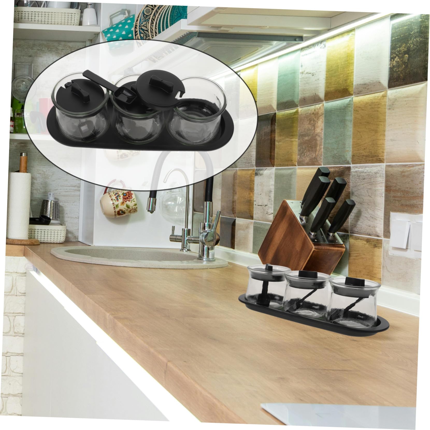 Gatuida Set 3 Barattoli per Spezie Design Trasparente in Vetro Soda con Coperchio Facile da Pulire Cucchiai e Vassoio Contenitori Spezie per Cucina