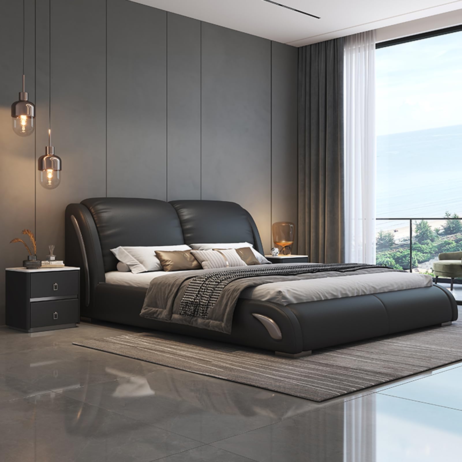 Black King Size Genuine Leather Bed Upholstered Platform Bed Frame Thick Padded Headboard with Wingback Headboard and Lift