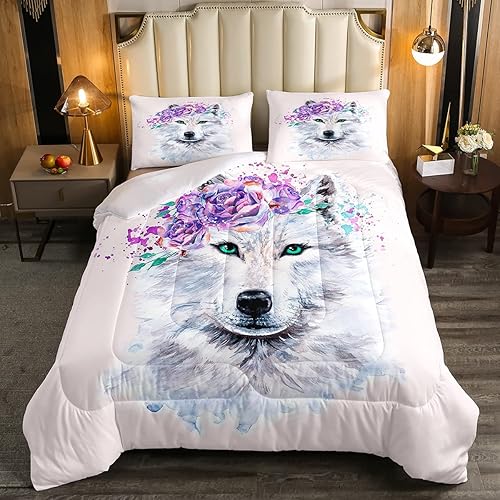 Miniatura 3 de Juego de ropa de cama de lobo con diseño de animales de safari con ojos verdes, juego de edredón de teñido anudado para niñas, edredón de plumas de