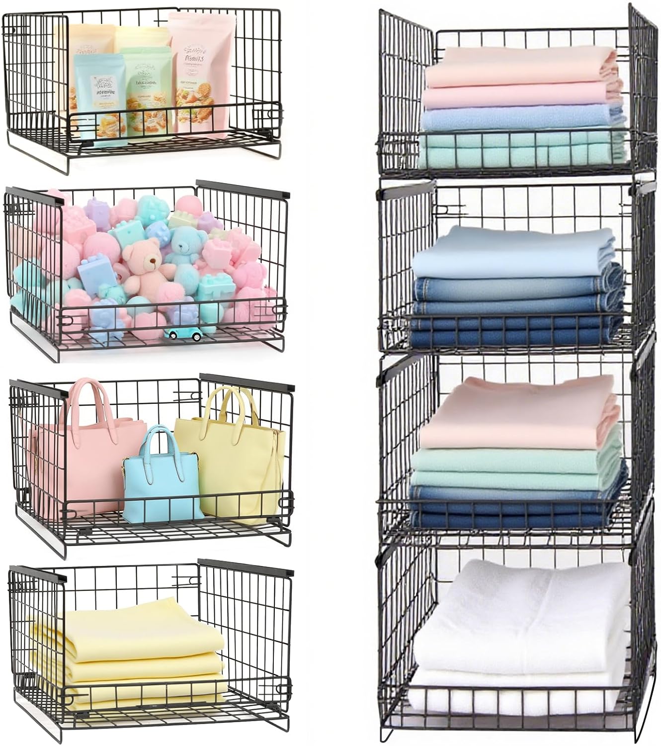 4-Tier Stackable Closet Storage Organizer, Desk Organizer, Foldable Stackable Closet Storage Basket for Office, Wardrobe, Kitchen, Bathroom, Living Room - Black