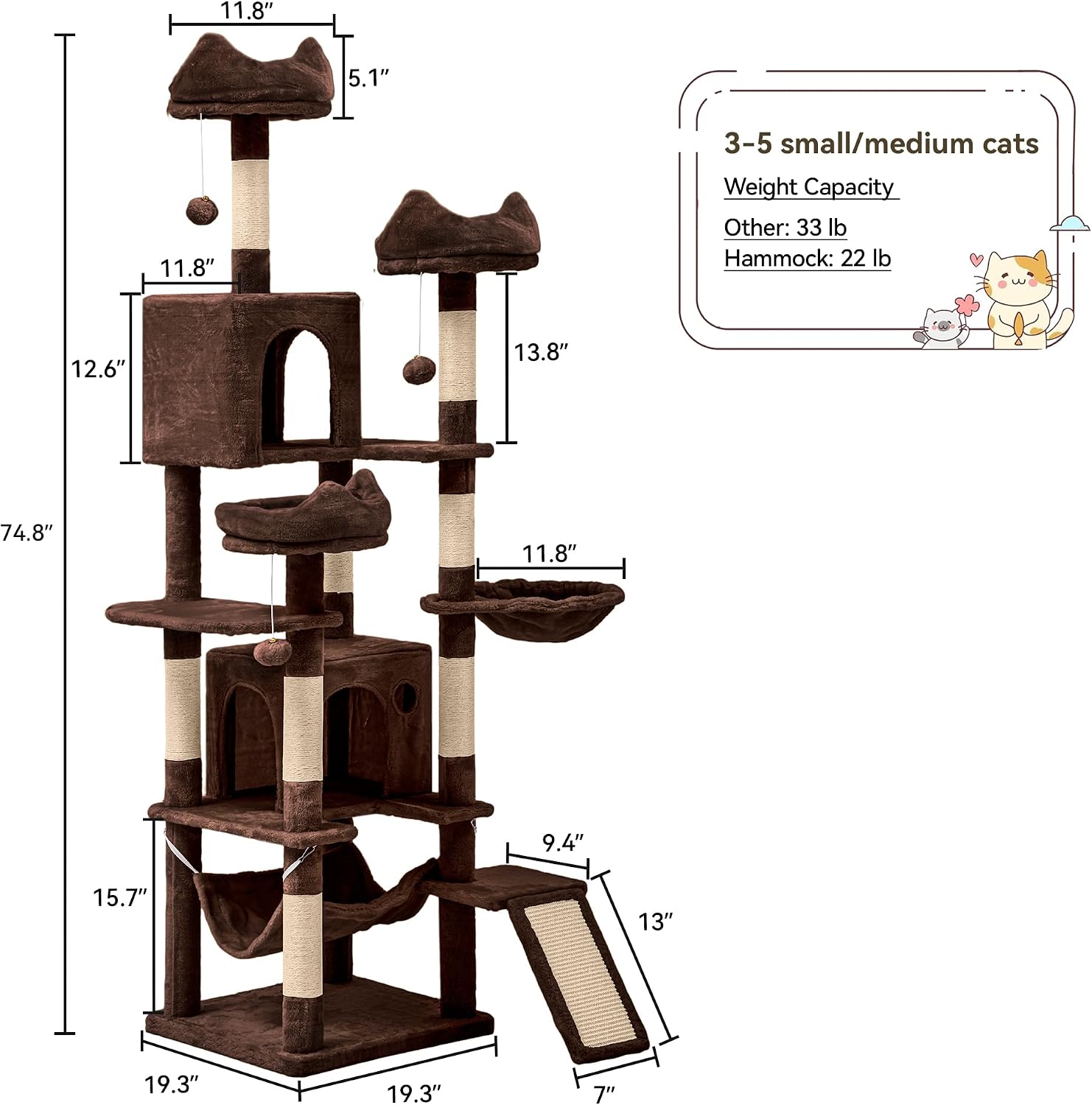 DWVO Tall Cat Tree for Indoor Cats, 75 inches Multi-Level Cat Tower with Sisal Scratching Posts & Ramp, Plush Perches, Hammock, Spacious Condos, Cat Activity Center for Kittens,Brown