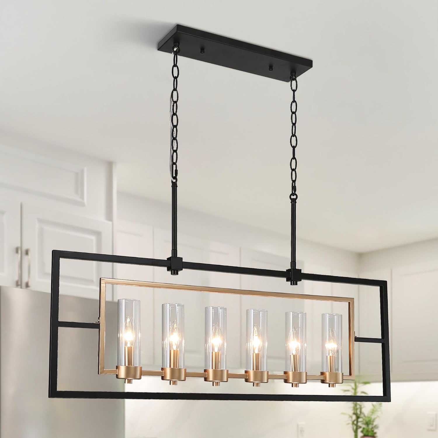 KSANA Black Gold Chandeliers Modern 6 Light Kitchen Island Lights with Glass Shade Rustic Farmhouse Linear Chandelier Light Fixture for Dining Room Living Room Bedroom Hallway, 37.5" Inches