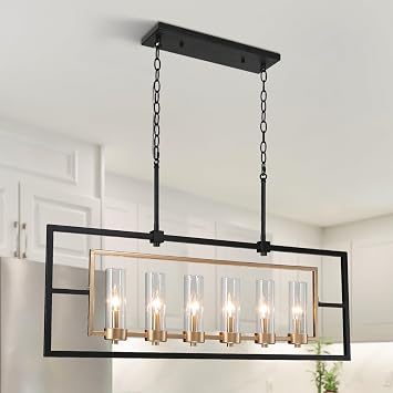 KSANA Black Gold Chandeliers Modern 6 Light Kitchen Island Lights with Glass Shade Rustic Farmhouse Linear Chandelier Light Fixture for Dining Room Living Room Bedroom Hallway, 37.5" Inches