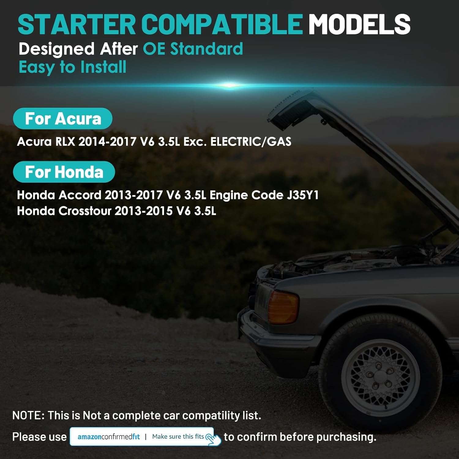 19252 Starter Motor Fit for Honda Accord 2013-2017, Crosstour 2013-2015, for Acura RLX 2014-2017 3.5L Automotive Replacement Starters#19252N, 31200-5G0-A04, 31200-5G0-A02 Engine Starter