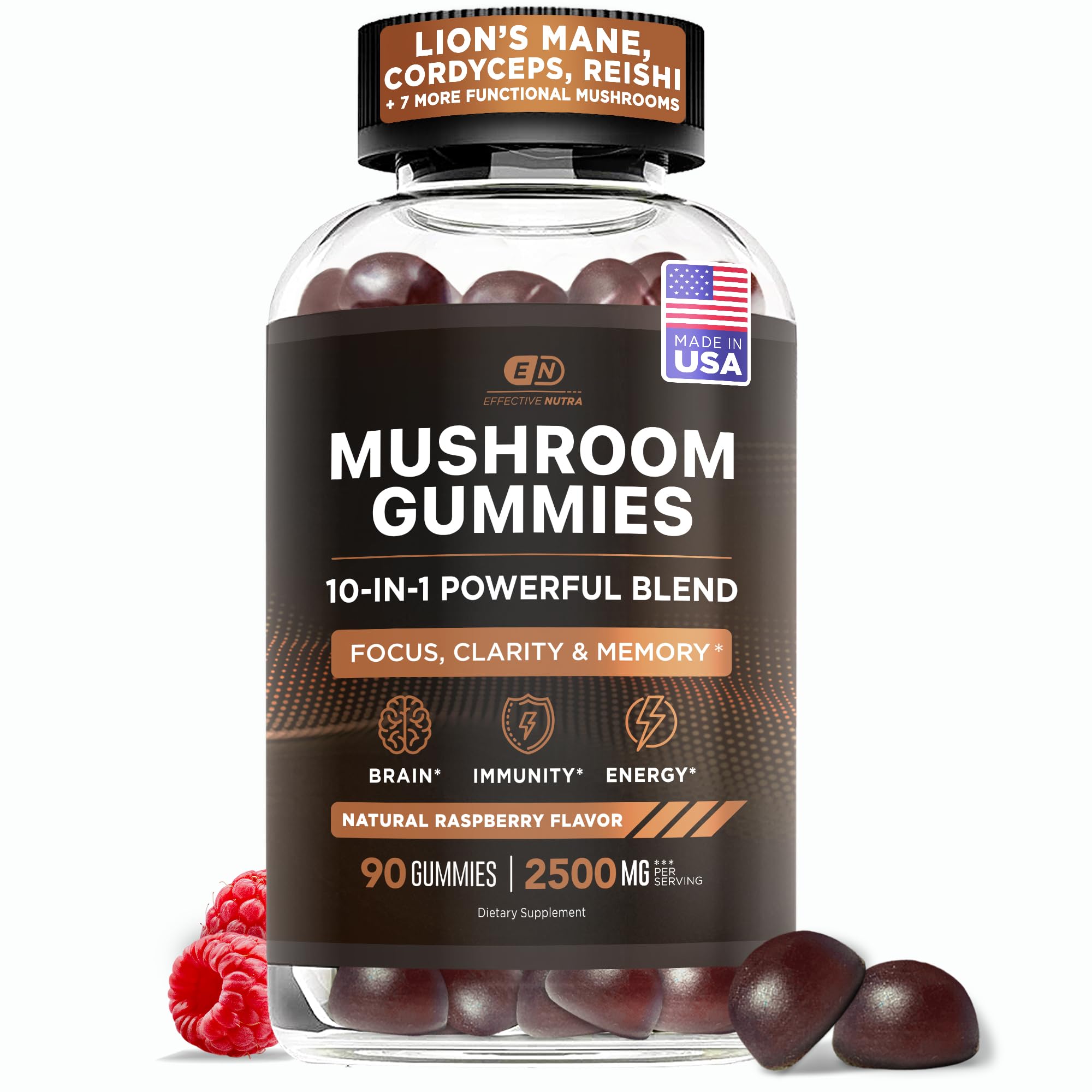 Effective Nutra Mushroom Gummies 2500mg - 10in1 Lion’s Mane, Reishi, Chaga, Cordyceps & More - Focus, Clarity, Memory, Immunity, Energy - Natural Raspberry Flavor, Vegan, Made in USA (90 Count)