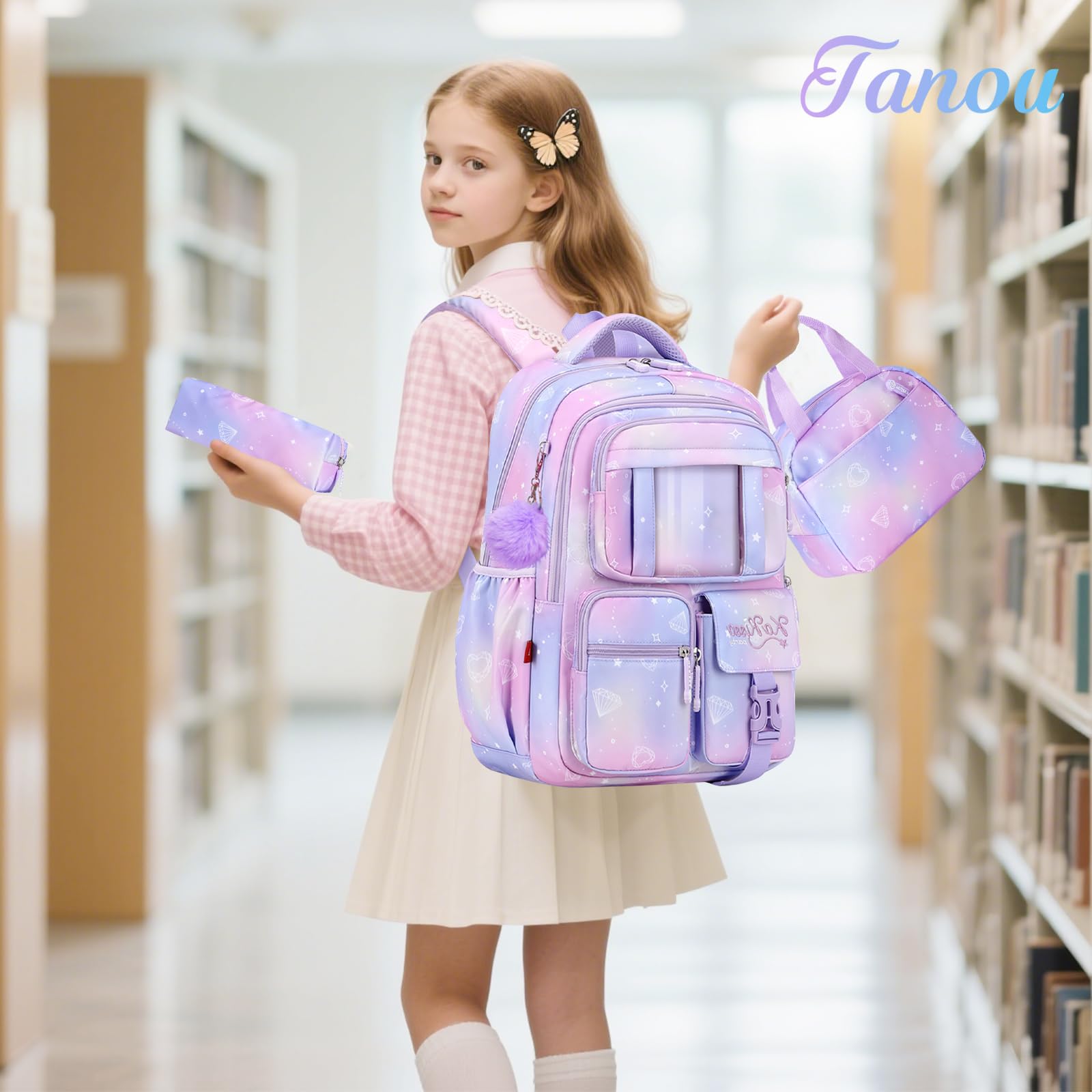 Tanou Set di Zaino Scuola Elementare Bambina alla Moda | 3 Pezzi Traspirante Zaini per Bambini con Borsa Termica e Astuccio, Kawaii Zaino Ragazza in Nylon con Ciondolo, Viola