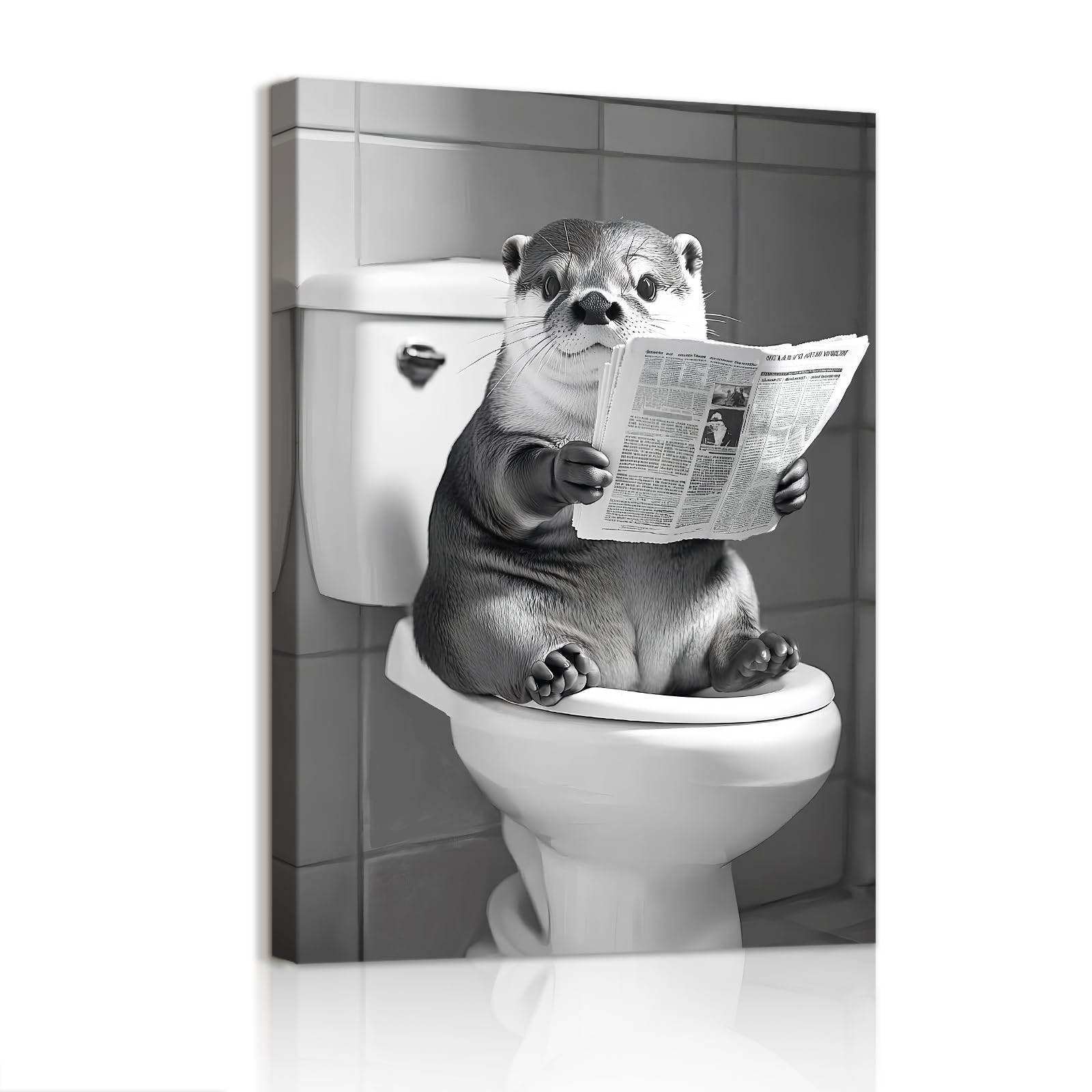 WENGTIAO Funny Otter Bathroom Canvas Wall Art Prints Framed Black and White Cute Otter Sitting on Toilet Reading Newspaper Painting on Canvas for Bathroom Toilet Washroom Wall Decor 30x40 cm