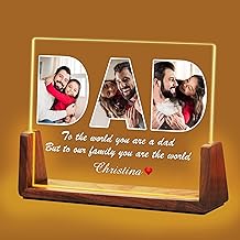 Christmas Personalized Gifts for Dad from Daughter Son Kids, Customized Acrylic Plaque LED Walnut Frame with Photos Night Light, Fathers Day Birthday Gifts for Dad Father PAPA Husband