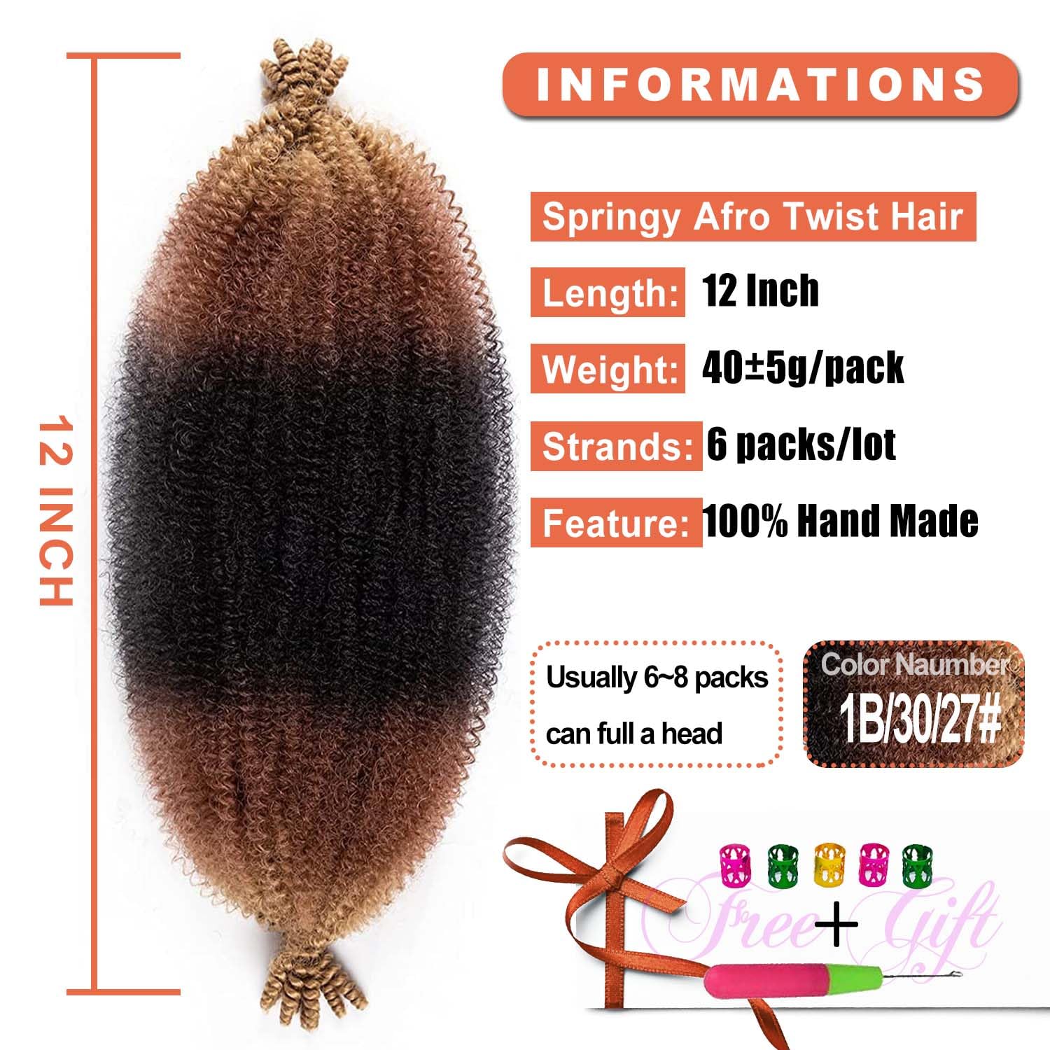 Afro Twist Hair 12 Inch Springy Afro Twist Hair 6Packs Pre Fluffed Marley Twist Braiding Hair Spring Twist Hair for Women (1B/30/27#, 12 Inch)