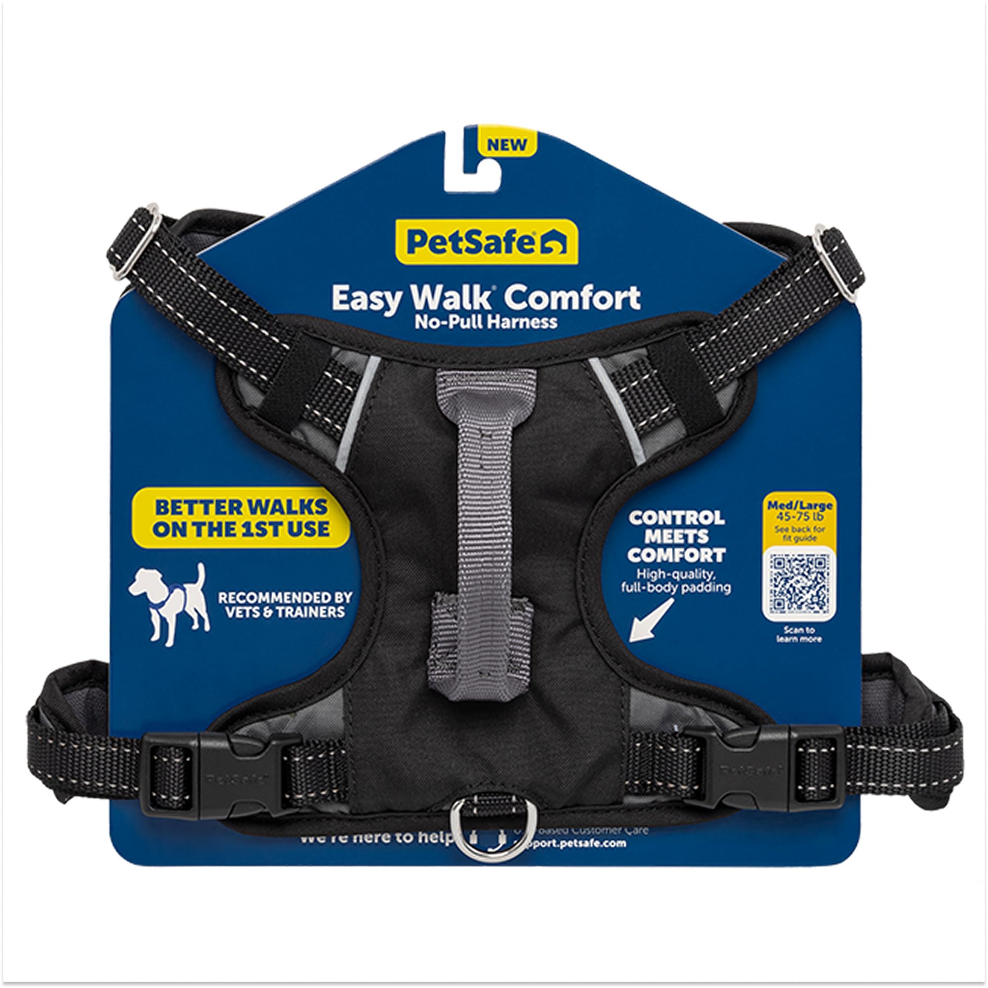 Easy Walk Comfort No-Pull Dog Harness - Better Walk Training Harness - Full Body Padded Design - Durable Fabric - 5 Point Adjustable Fit - Everyday Leash Training - Black - Medium/Large
