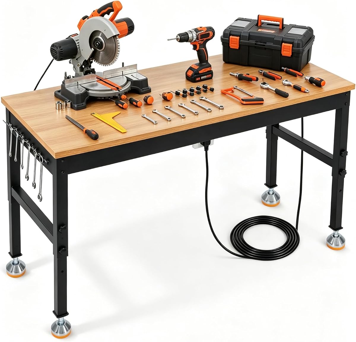 72 Inch Adjustable Workbench, 2500 LB Load Capacity | Rubberwood Tabletop Work Bench with Built-in Power Strip for Garage, Workshop, Home, and Office, Heavy Duty