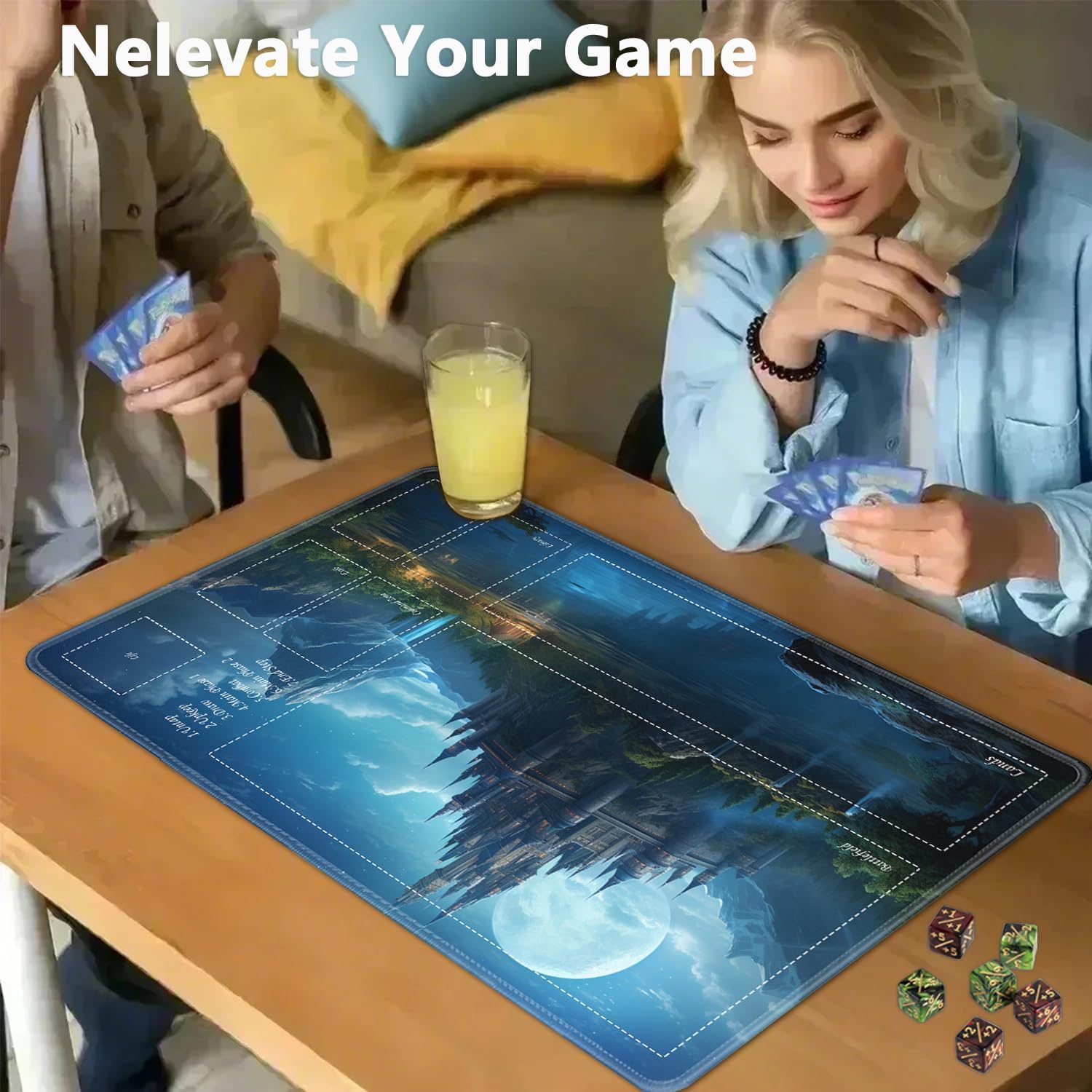 JVGFYNKL for TCG MTG Playmat with Zones, 24x14 in Non-Slip Rubber, for MTG Mat with Drawstring Travel Pouch and 6 Dice, Castle Forest, Card Game Playmats.