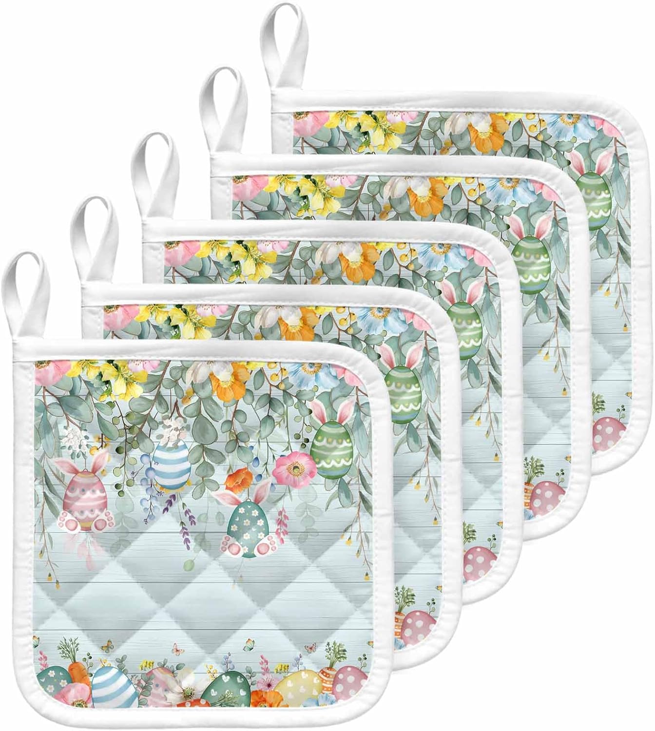 5 Pack Pot Holders for Kitchen, Easter Hot Pads for Kitchen Countertops Oven Pot Holder Bulk, Spring Eggs Eucalyptus Branch Floral Wooden Heat Insulation Potholders with Hanging Loops