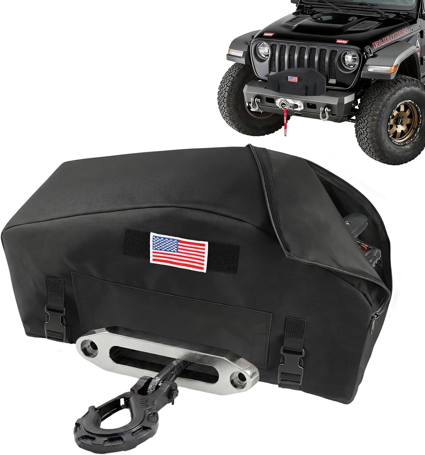 Winch Cover with Flag & Top Zipper, High-Quality Waterproof Dust-Proof 900D Electric Winch Protective Cover for Jeep, UV-Resistant Indoor/Outdoor Weather Resistant Winch Accessories for 8000-13500LBS