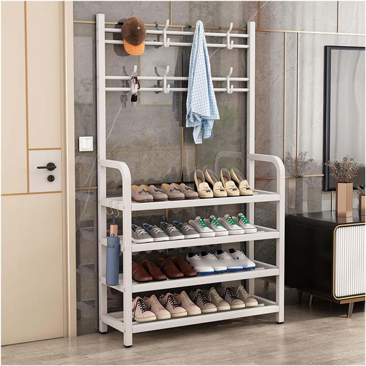 Coat Rack Stand Clothes Rack Stand, Garment Racks, Clothing Hat Shoe Handbag Scarves Organizer, Bedroom Entryway Hall Cloakroom Storage Hanger, Shelves(White,100x27x170CM/39.37x10.63x66.93in)